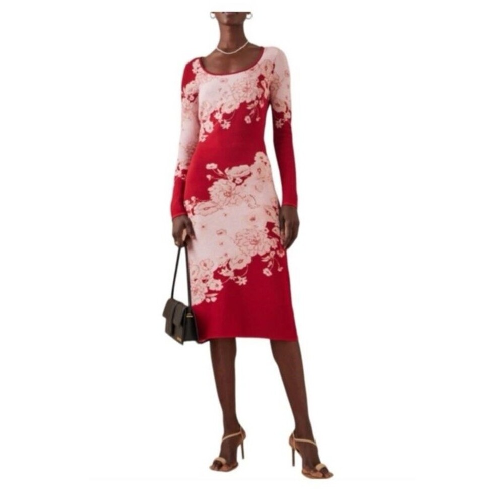 NWT Cara Cara New York Taylor Knit Midi Dress Floral Wonderland Spice Red Large